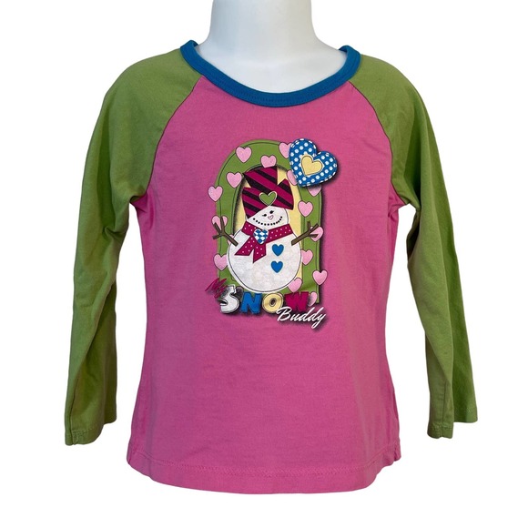 Girls 4 Children's Place Long Sleeve Raglan Sparkle Snowman Heart Tee Shirt Top - Picture 1 of 2